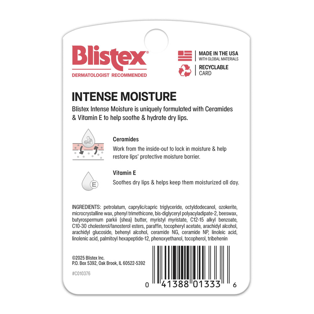 Vitamina E en Blistex Intense Moisture para suavizar y nutrir labios.