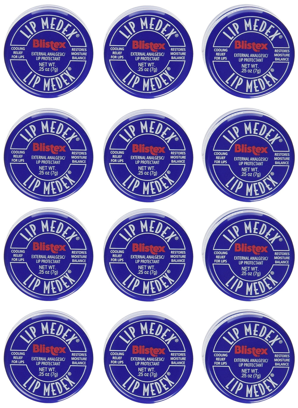 Blistex Lip Medex pack-12 display offers moisture and cooling relief for lips.