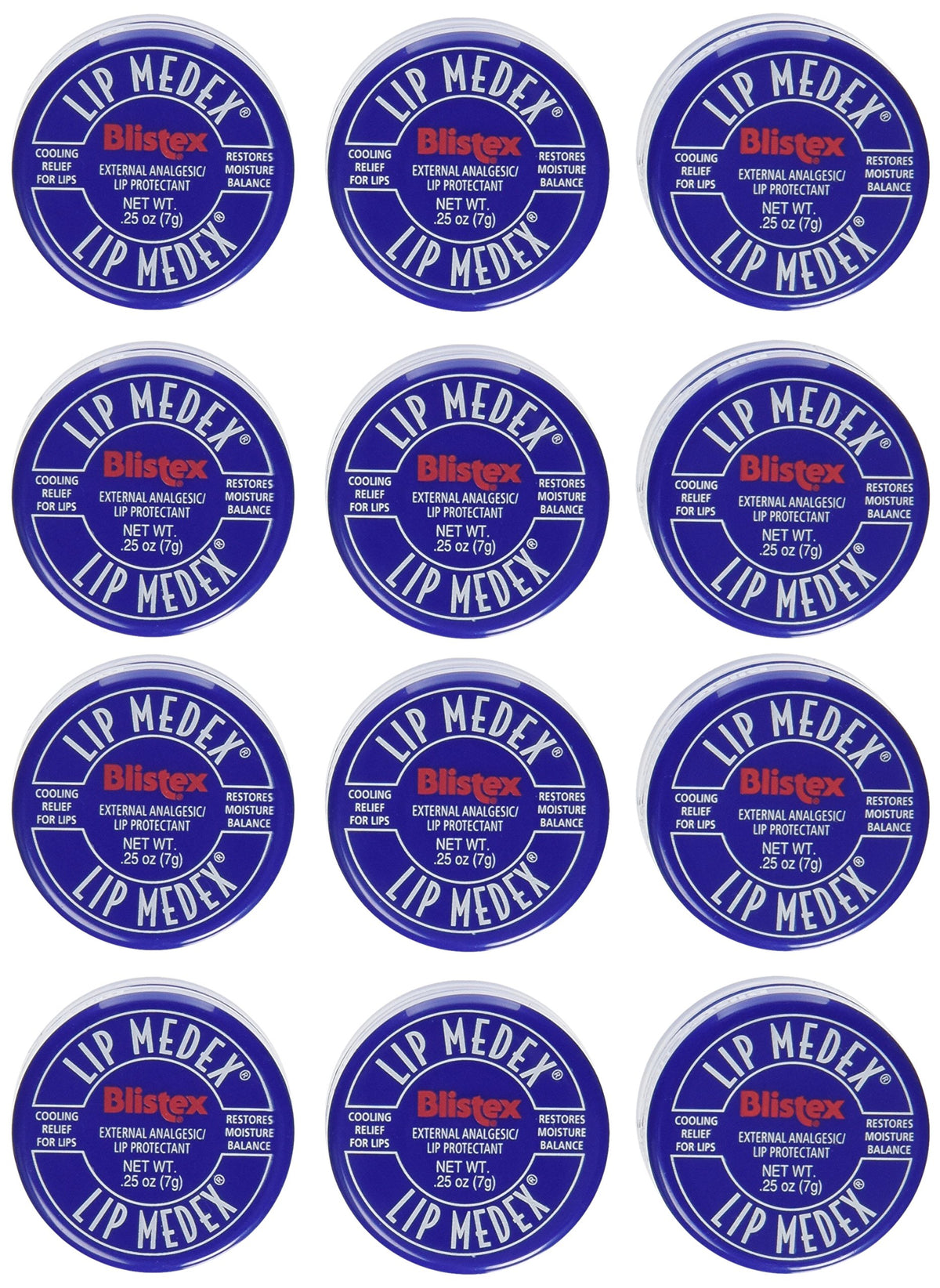 Blistex Lip Medex pack-12 display offers moisture and cooling relief for lips.