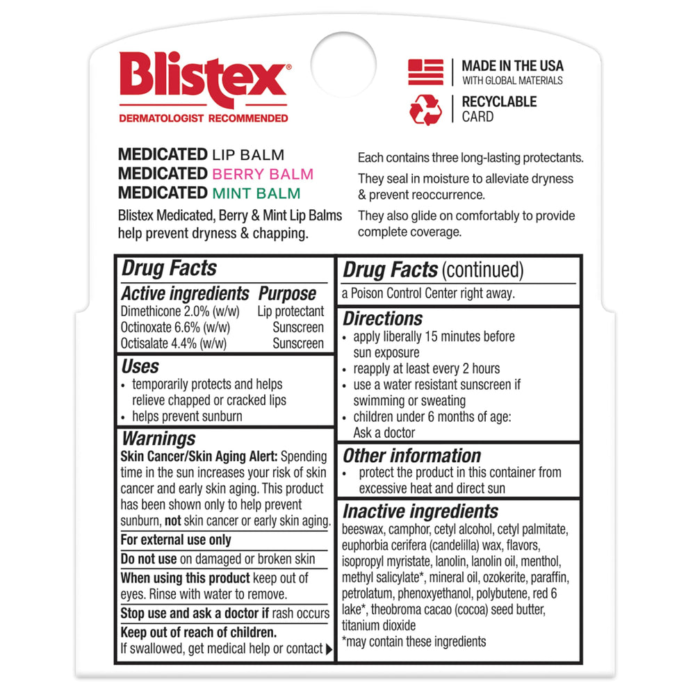 Blistex Medicated Lip Balm three-pack tubes for portable relief.