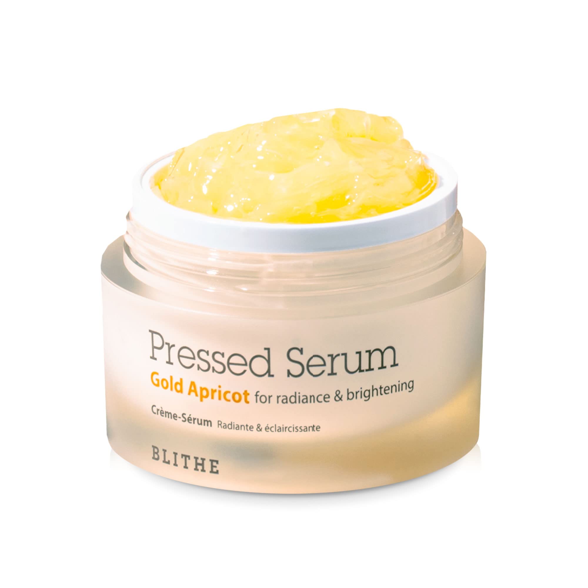BLITHE pressed serum gold apricot bottle glows with hydrating glow.
