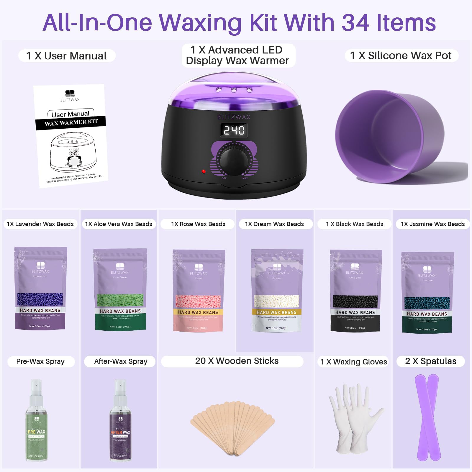 BLITZWAX rose lavender scented wax beads for a soothing session.