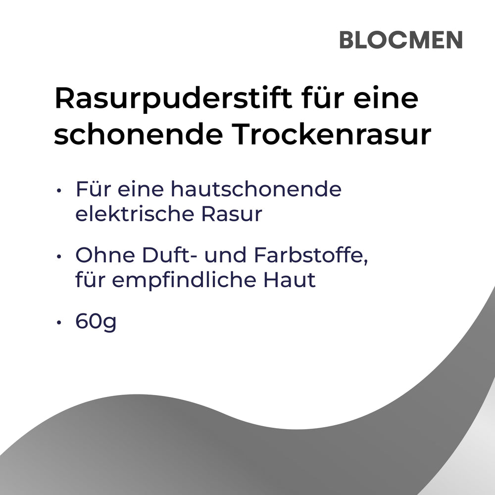 Blocmen Derma Pre Shave Powder Stick closeup reveals gentle texture and even spread.