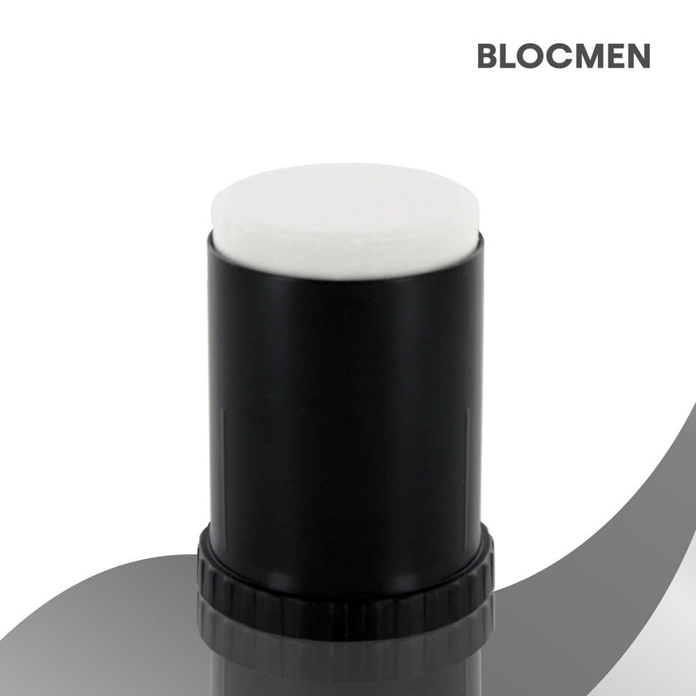 Blocmen Derma Pre Shave Powder Stick applied on the face for smoother prep.