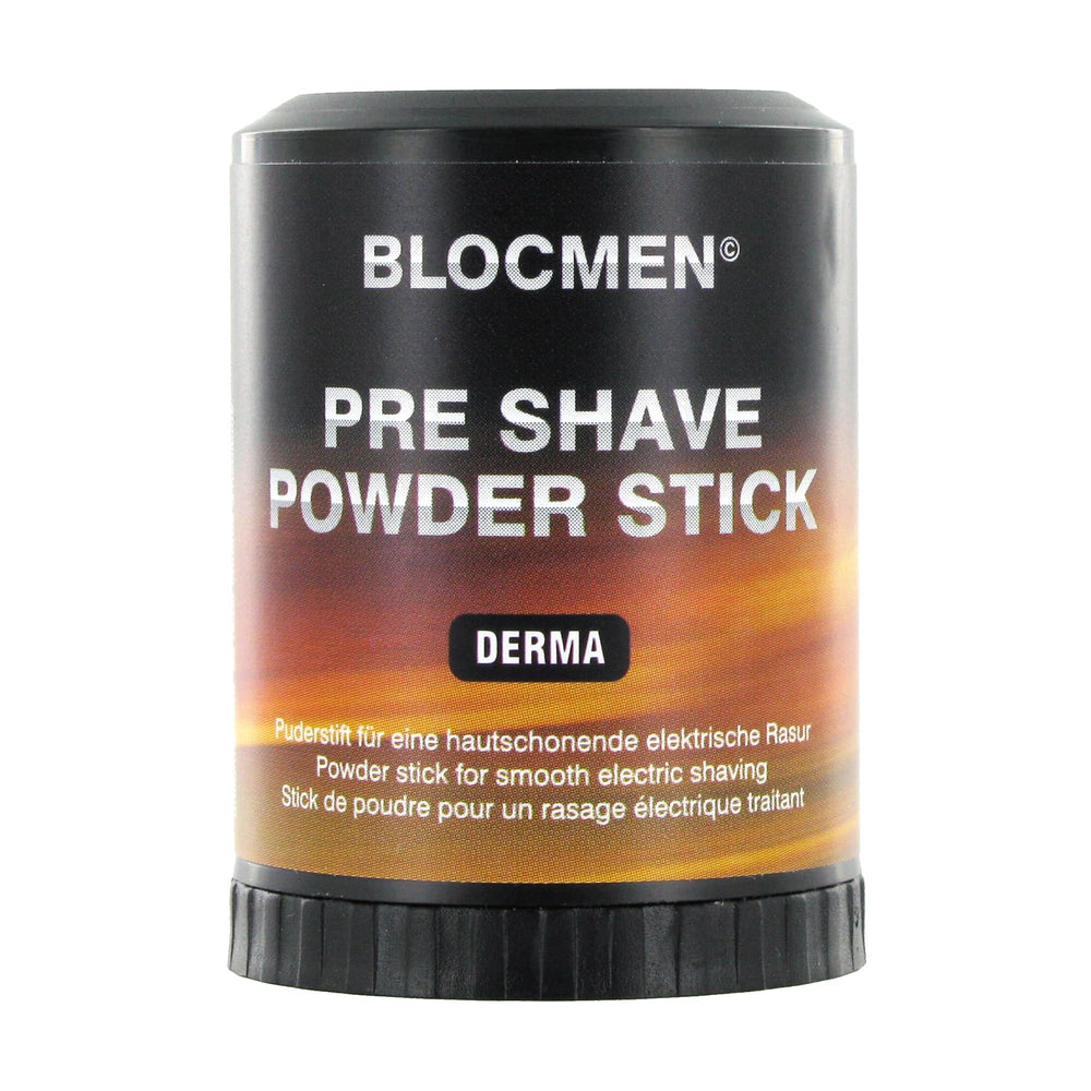 Blocmen Derma Pre Shave Powder Stick packaging shows travel-ready design.