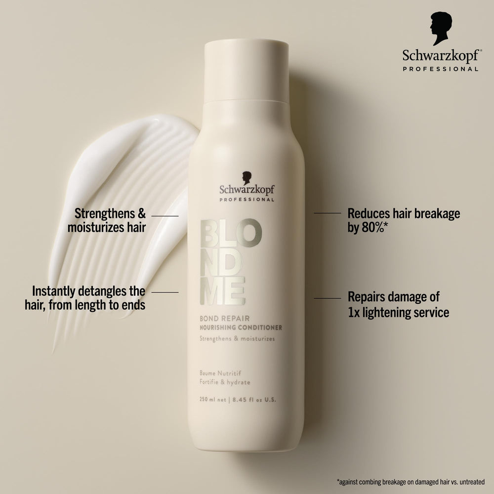 BlondMe Bond Repair Nourishing Conditioner pump close-up shows even distribution for smooth results