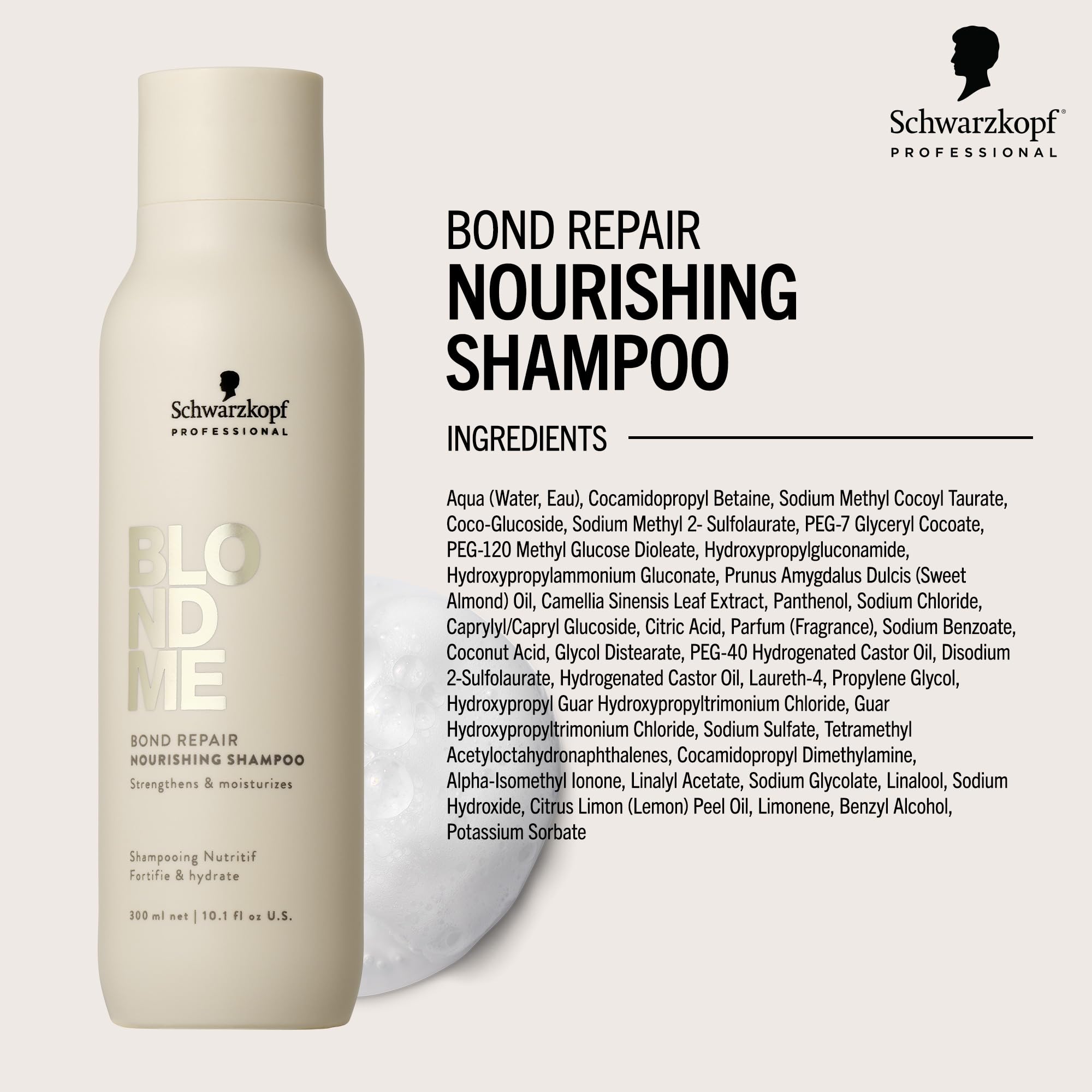 Sulfate-free BlondMe Bond Repair Nourishing Shampoo label highlighting color-safe cleanse