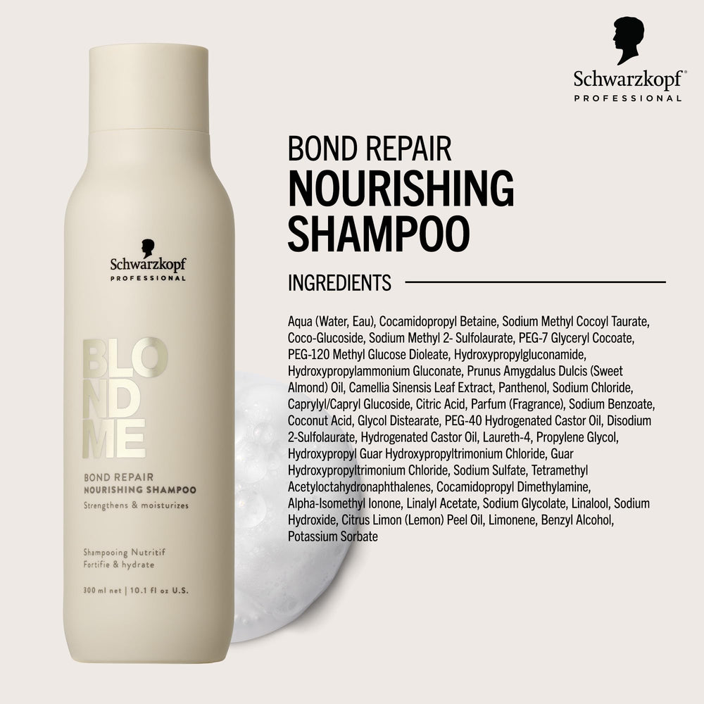 Sulfate-free BlondMe Bond Repair Nourishing Shampoo label highlighting color-safe cleanse