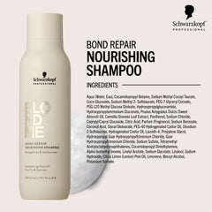 Sulfate-free BlondMe Bond Repair Nourishing Shampoo label highlighting color-safe cleanse