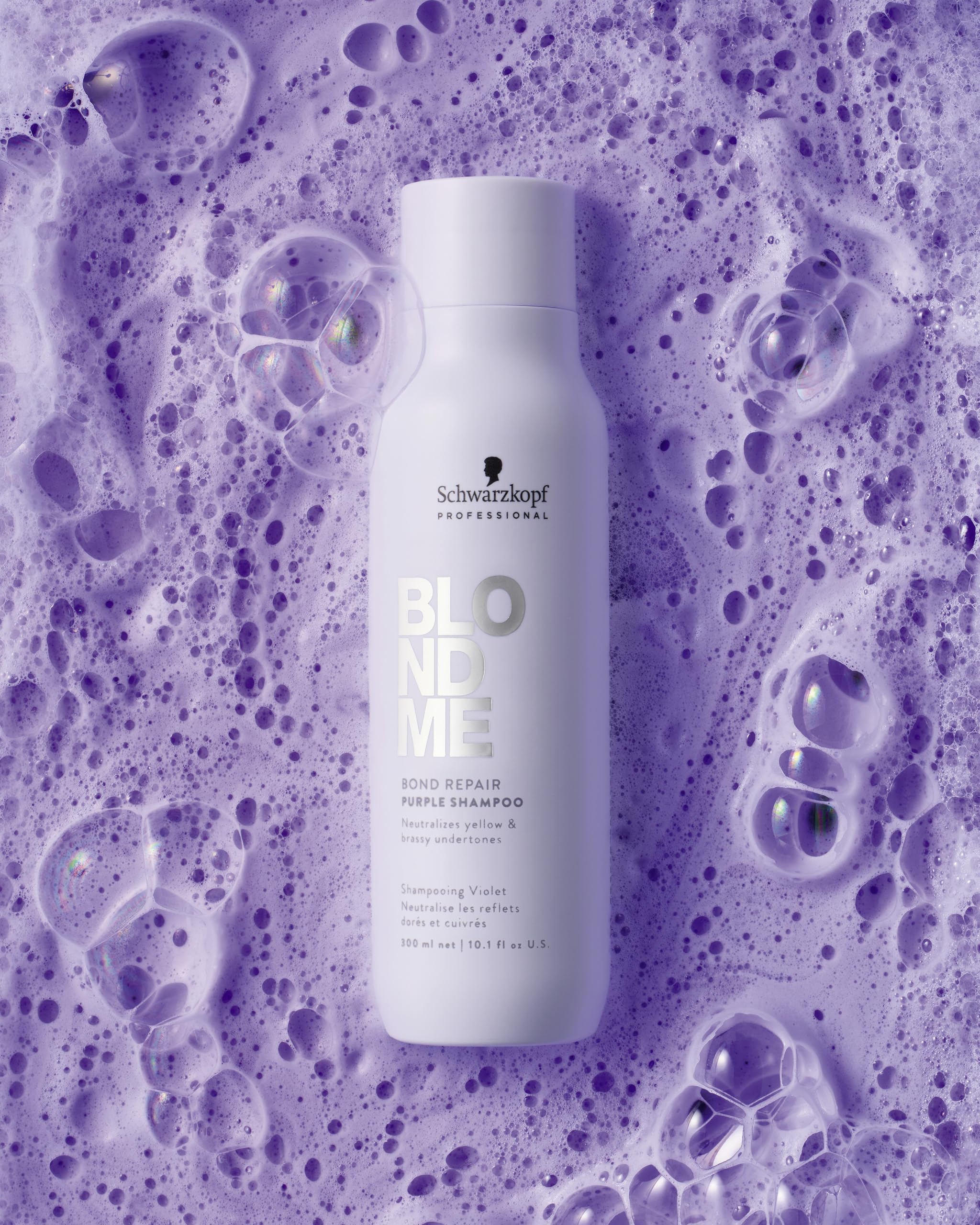 BlondMe Bond Repair Purple Shampoo close-up texture reveals creamy, sulfate-free formula
