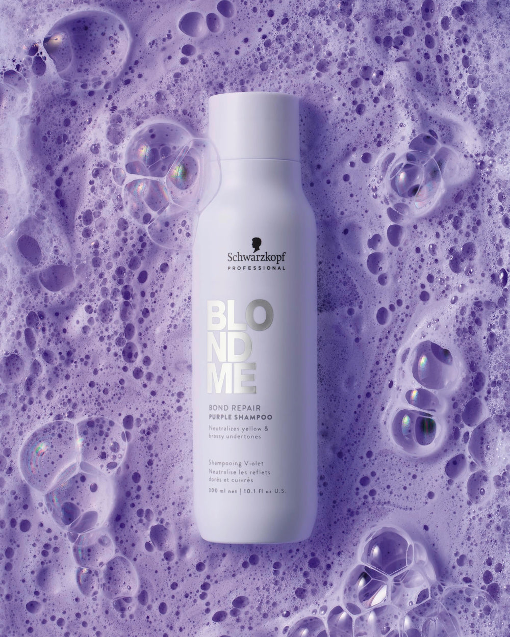 BlondMe Bond Repair Purple Shampoo close-up texture reveals creamy, sulfate-free formula