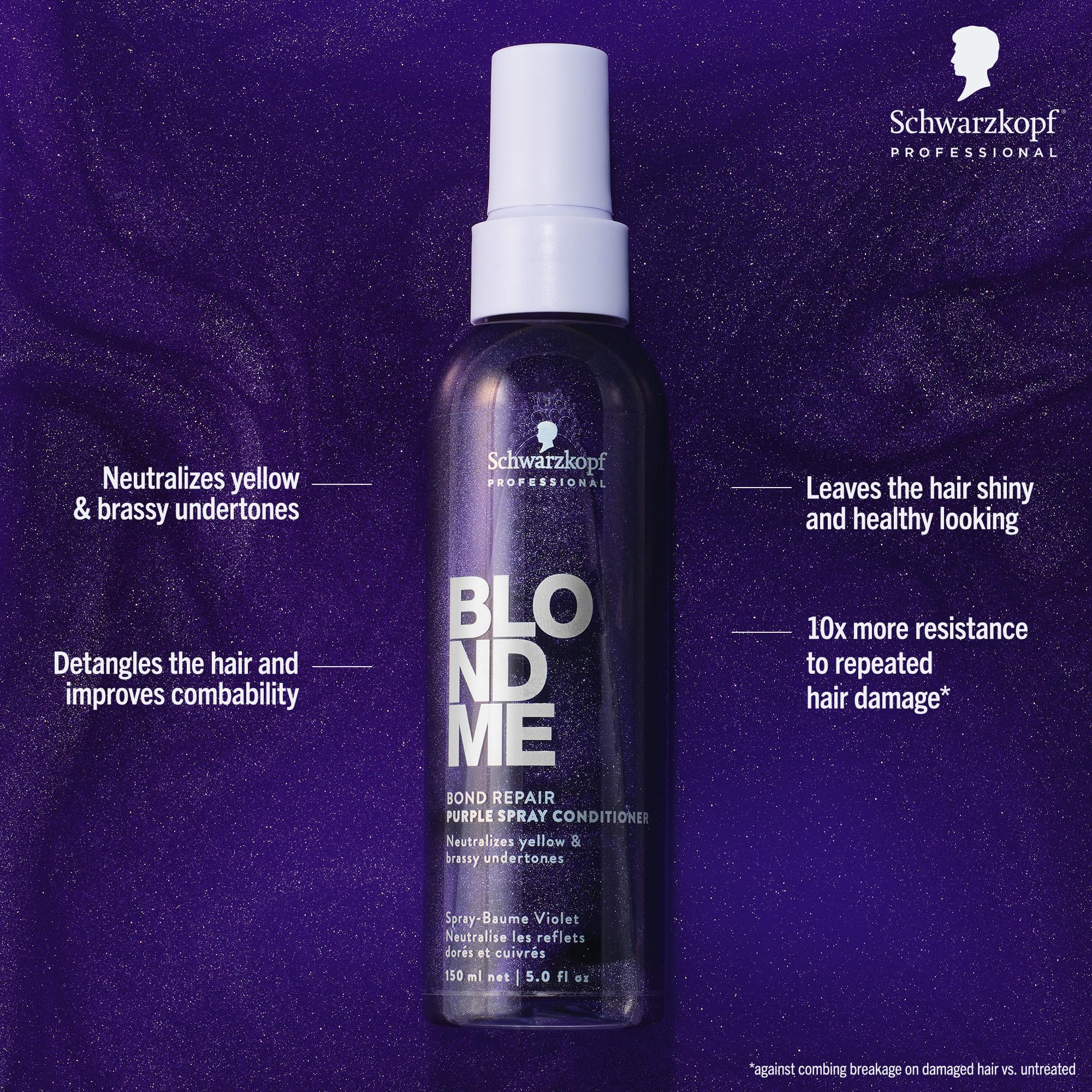 BlondMe Bond Repair Purple Spray Conditioner spray application for quick toning and detangling