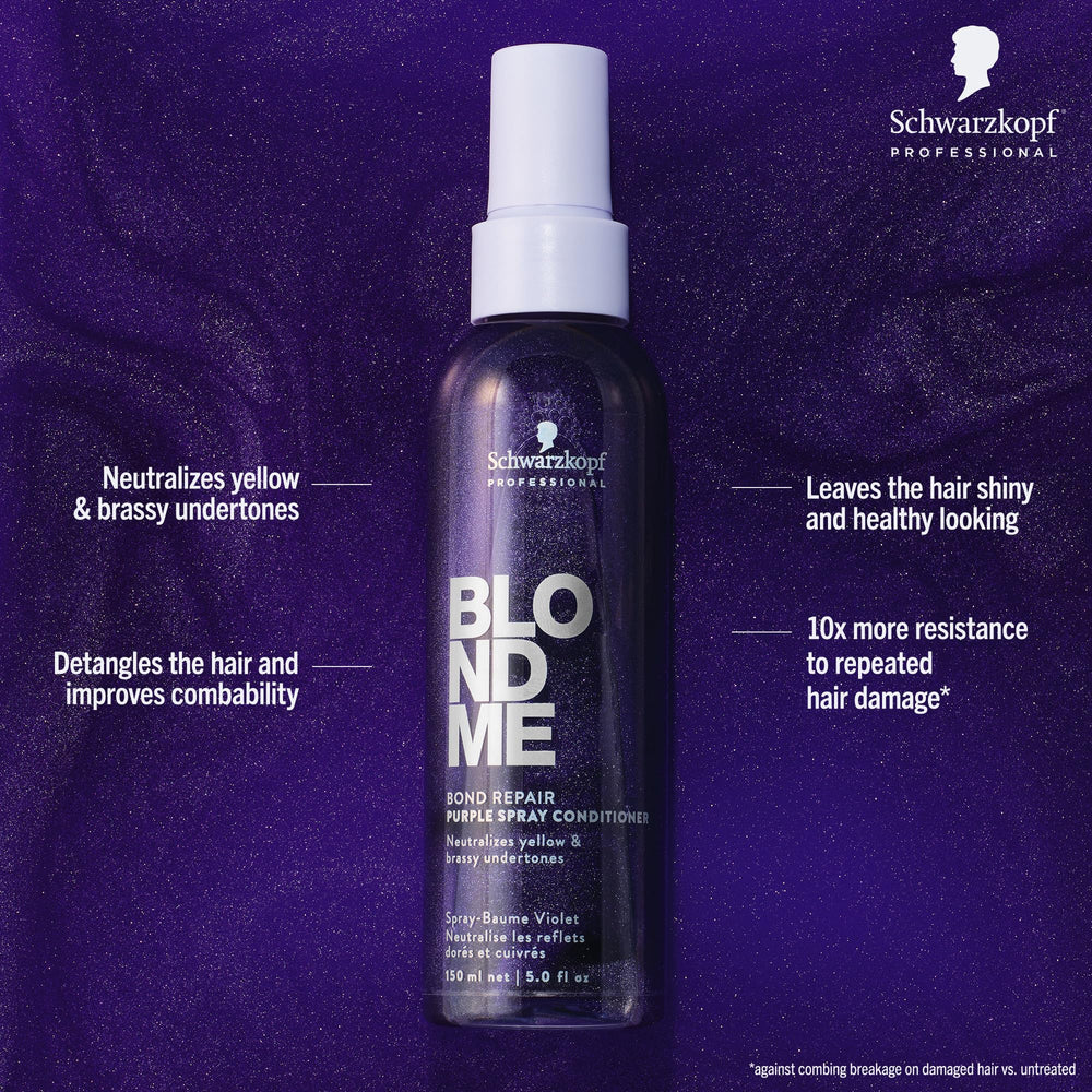 BlondMe Bond Repair Purple Spray Conditioner spray application for quick toning and detangling