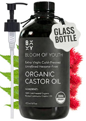 Bloom of Youth castor oil amber bottle 16oz ample for skin and hair hydration
