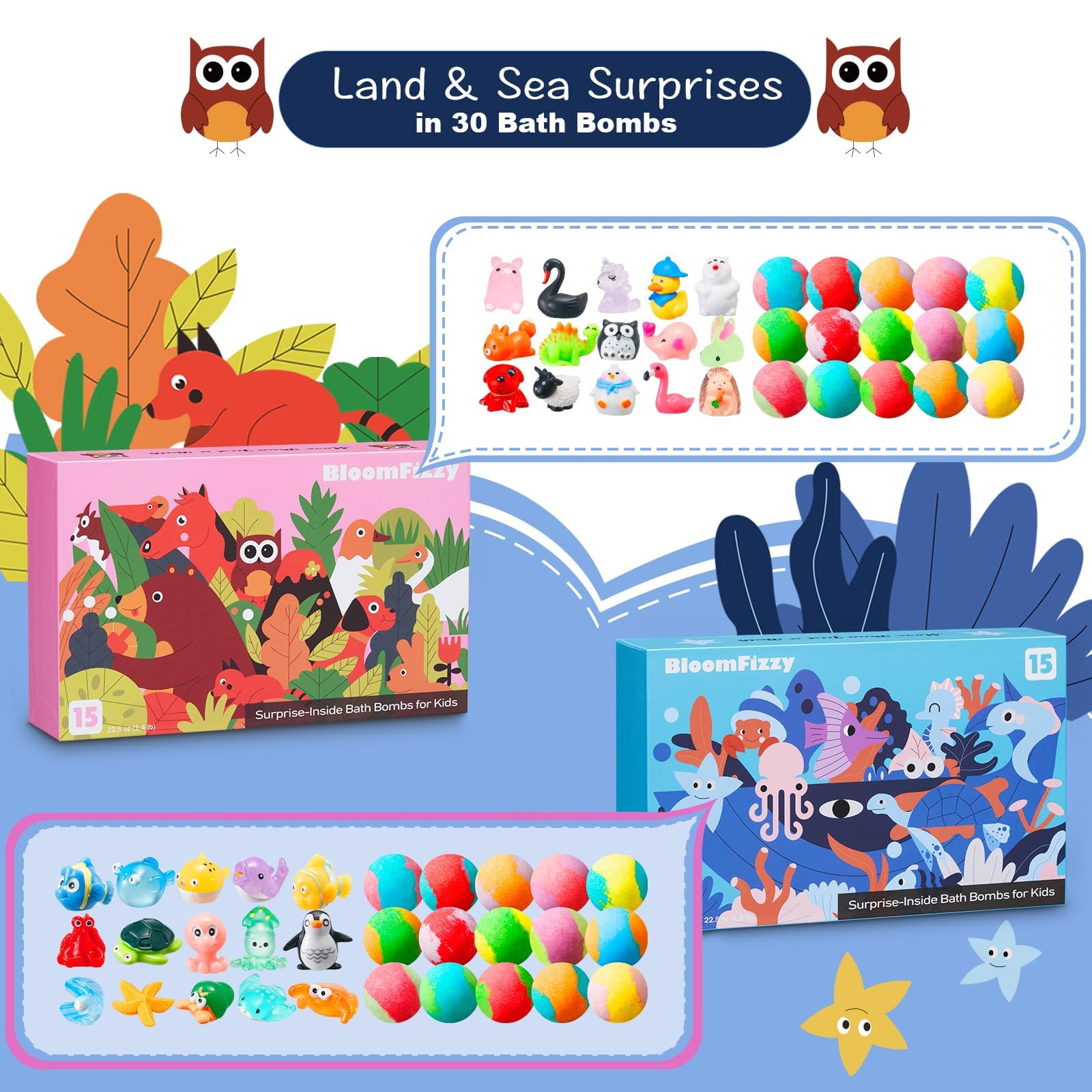 BloomFizzy bombas de baño con colores vivos y aromas envolventes para niños.