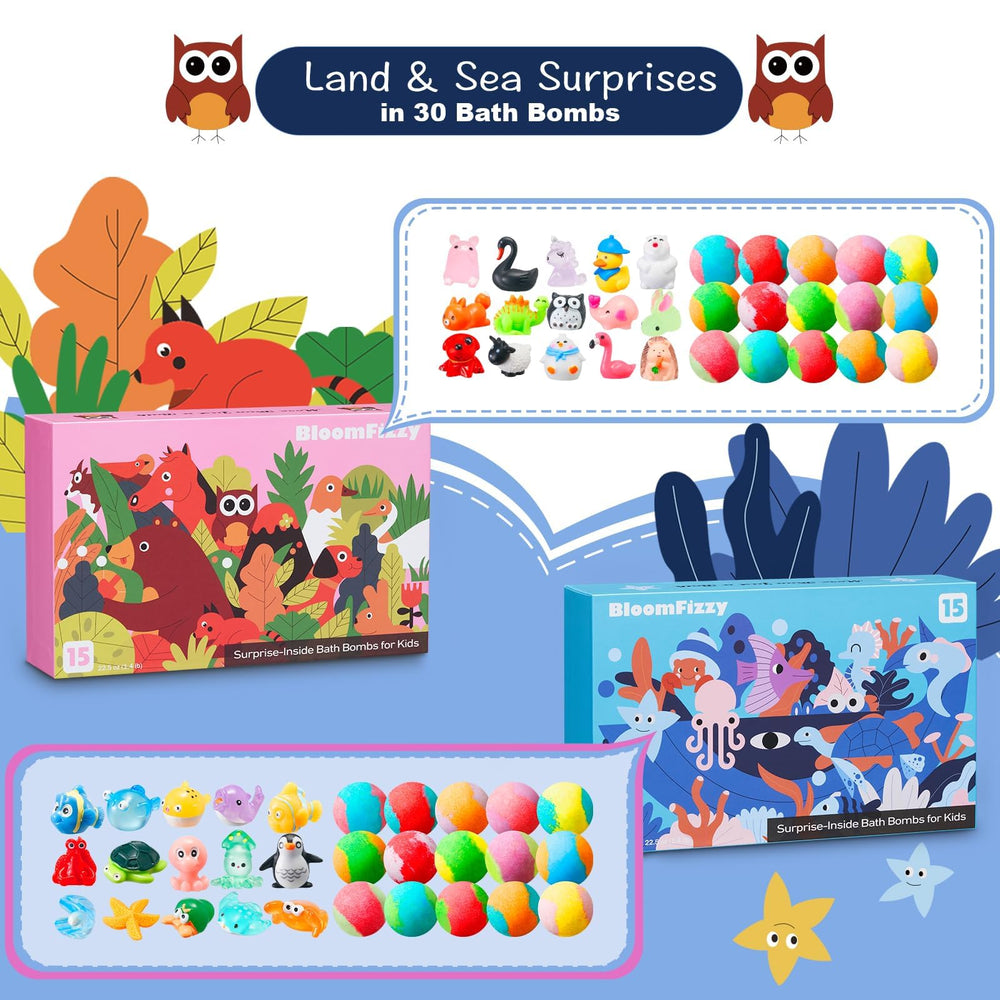BloomFizzy bombas de baño con colores vivos y aromas envolventes para niños.
