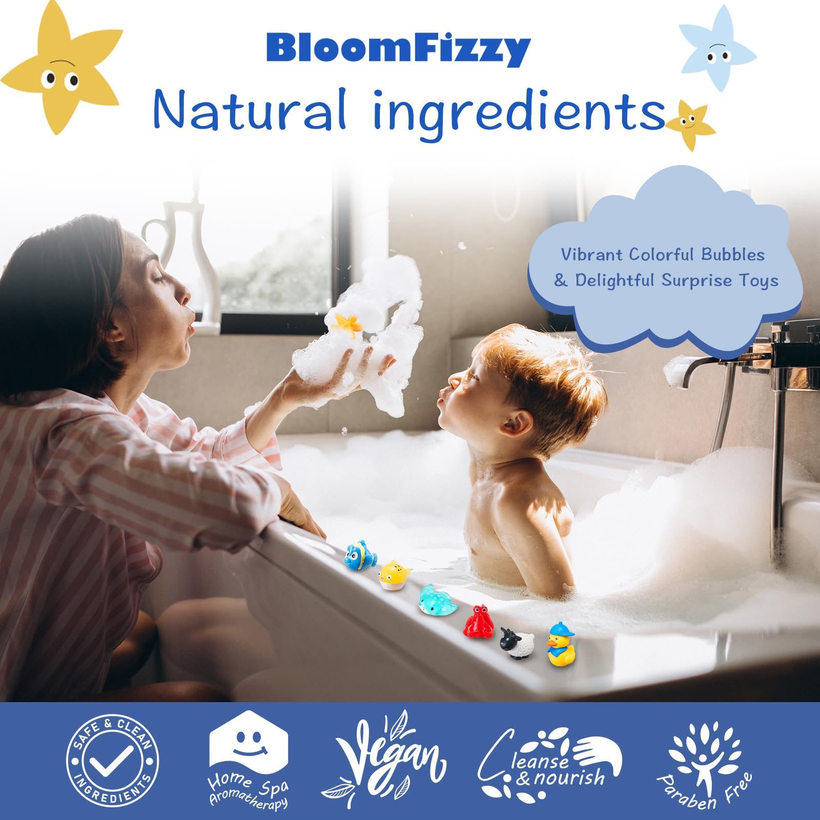 BloomFizzy muestra ingredientes naturales para una piel suave durante el baño.