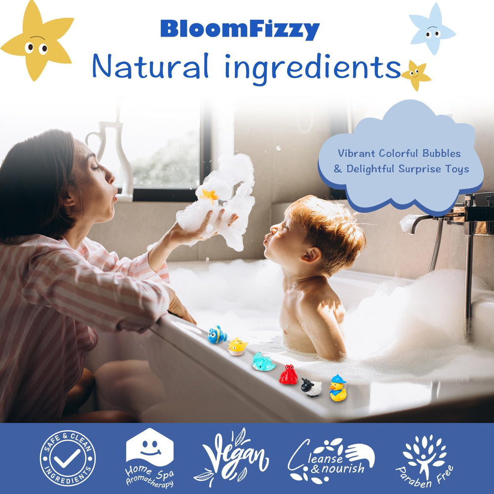 BloomFizzy muestra ingredientes naturales para una piel suave durante el baño.