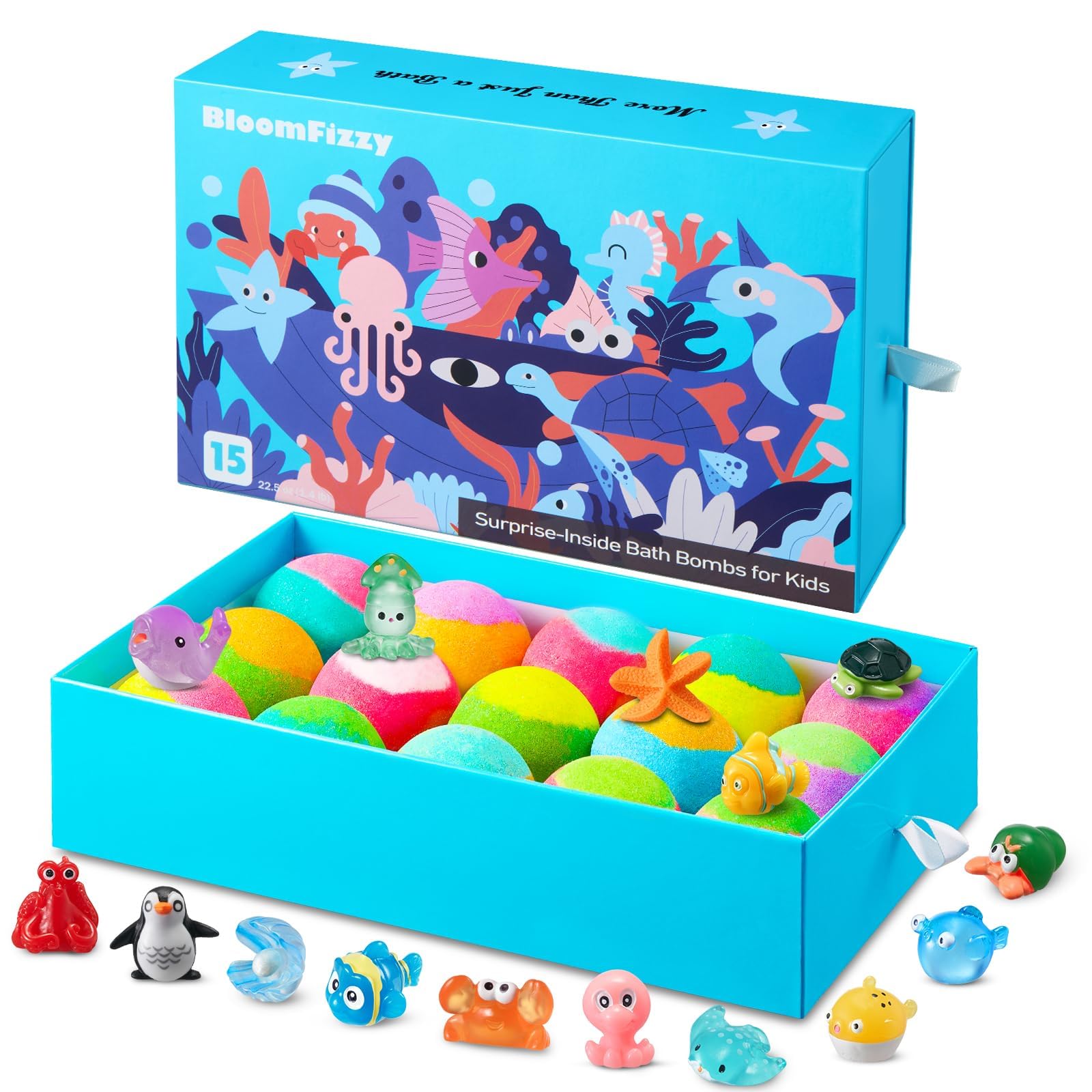 BloomFizzy bombas de baño con sorpresa marina, convierten cada baño en una aventura divertida.