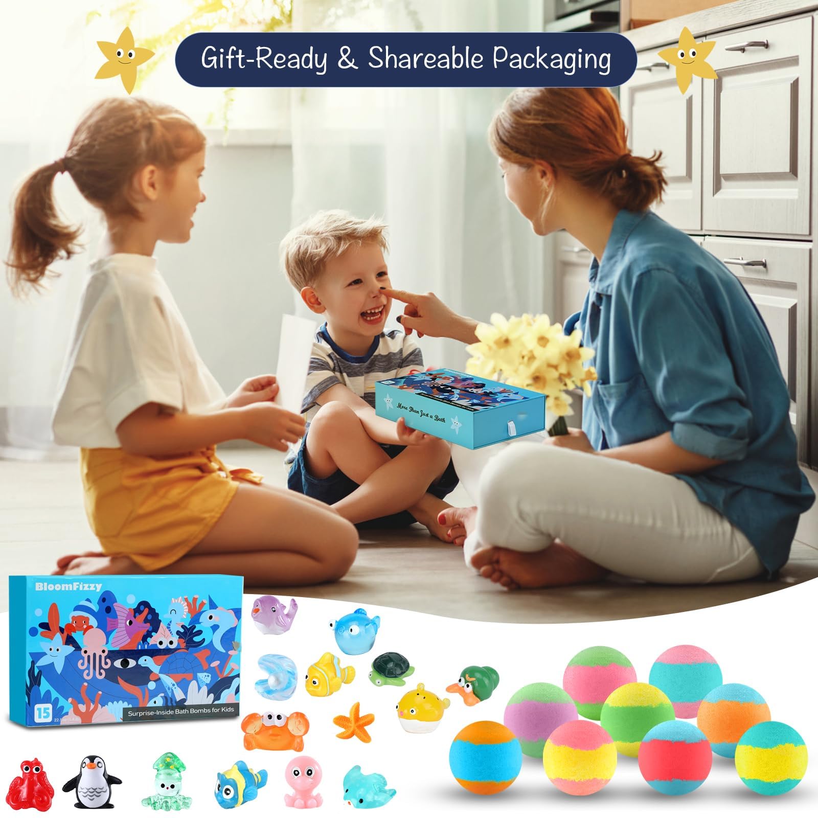 Surtido BloomFizzy de colores y aromas para un baño estimulante y divertido.