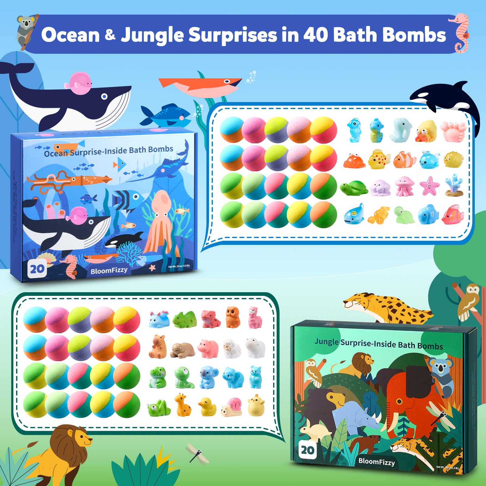 BloomFizzy Jungle Animals bath bombs reveal surprises and spark play