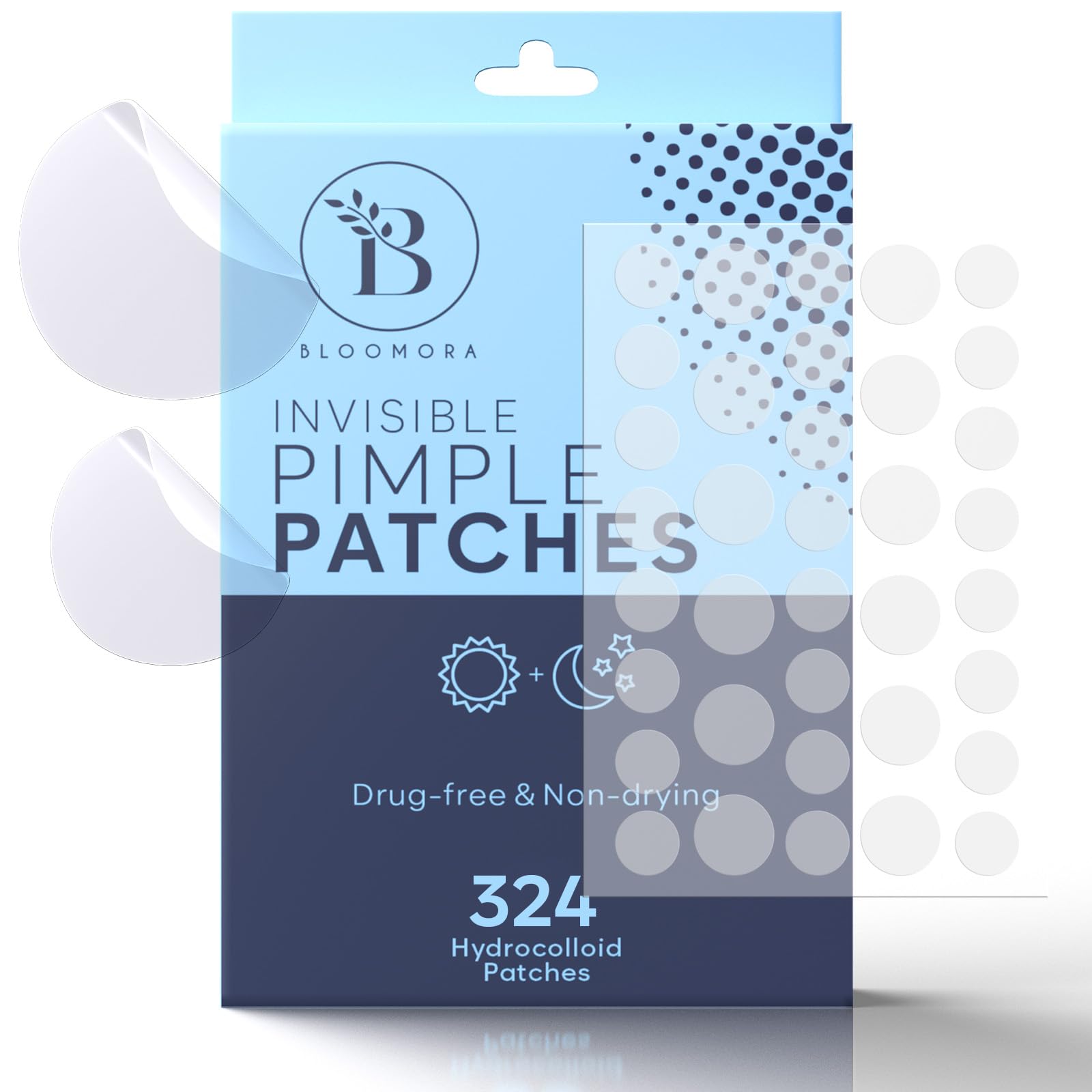 Parches invisibles BLOOMORA para granos en la cara, 8 mm, diseño discreto.