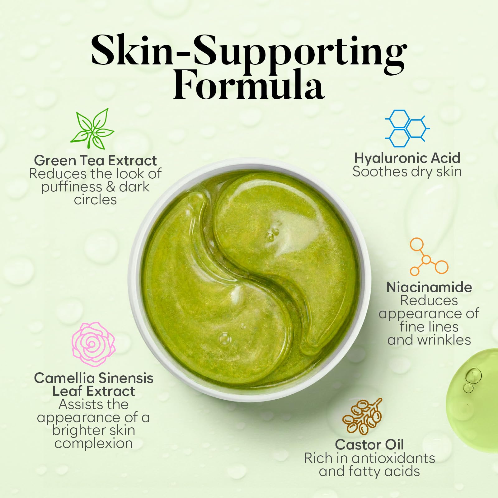 Gel de té verde en parches para hidratación suave y duradera.