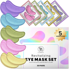 BLOOMORA Variety Under Eye Patches pack close-up showing five formulas for refreshed eyes