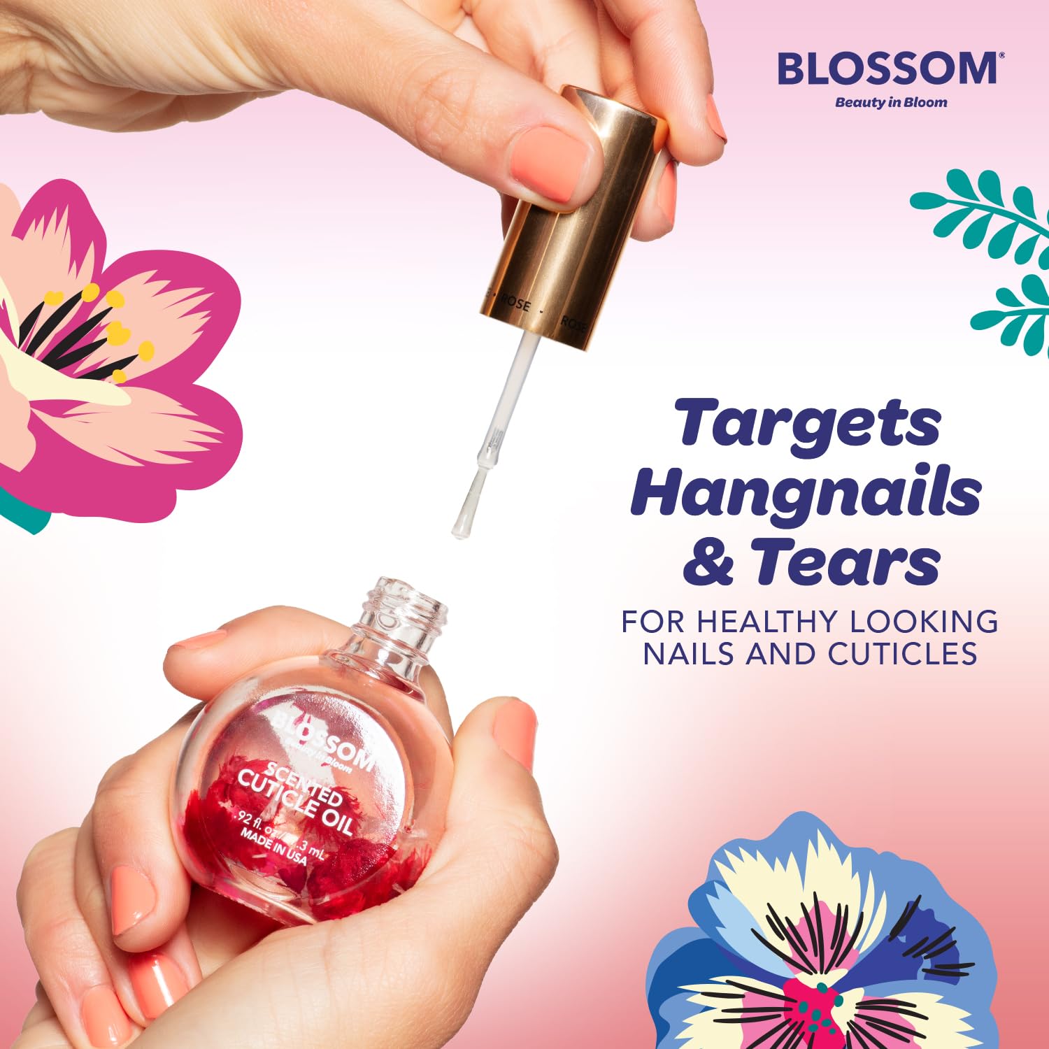 Blossom Cuticle Oil dropper in use for dry cuticles.