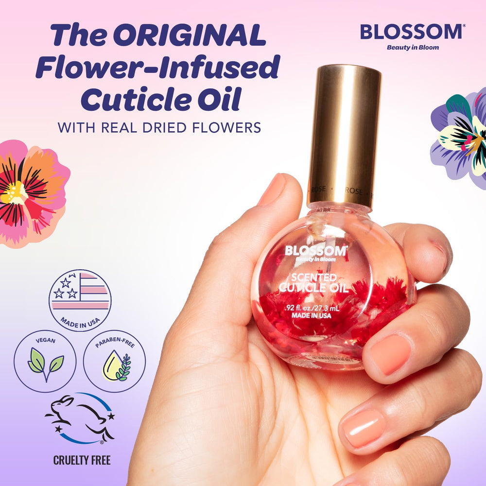 Applying Blossom Cuticle Oil to cuticles for soft, nourished nails
