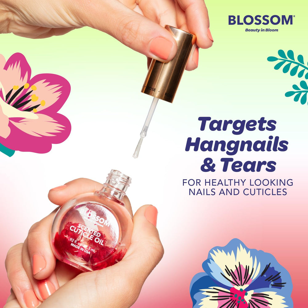 Application scene with Blossom Cuticle Oil massaging into cuticles.