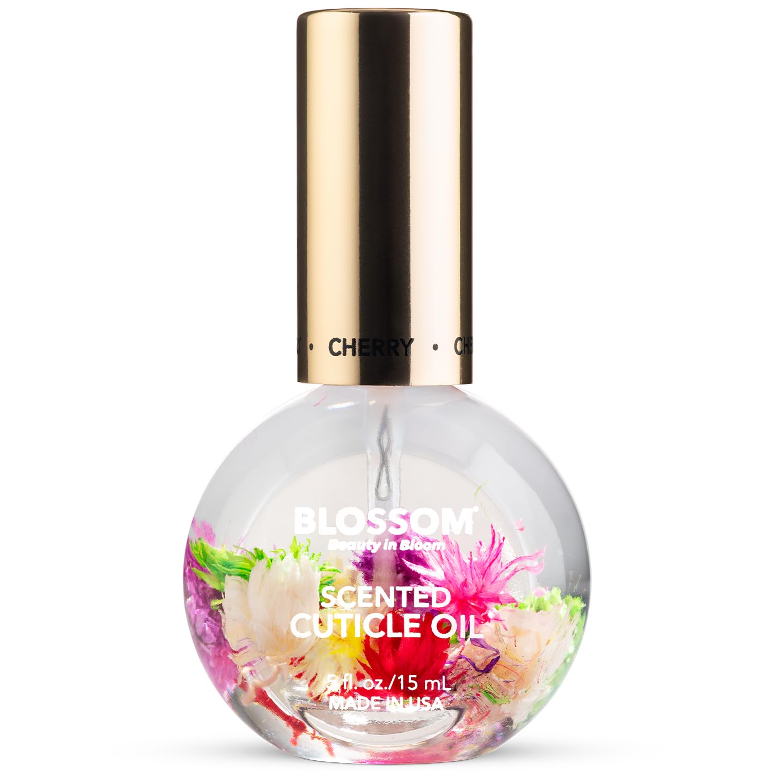 Blossom Cuticle Oil cherry bottle showcases real flower infusion and hydrating formula.