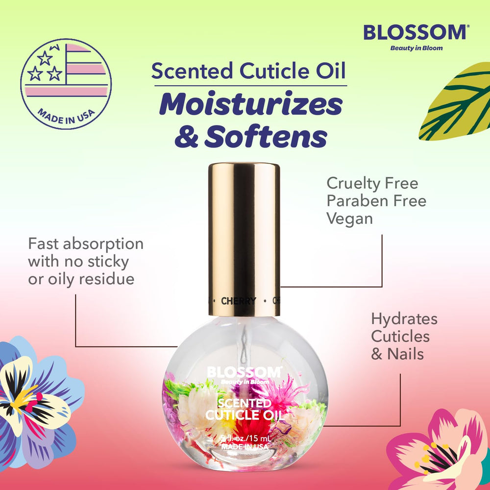 Glass bottle of Blossom Cuticle Oil emphasizing premium feel.