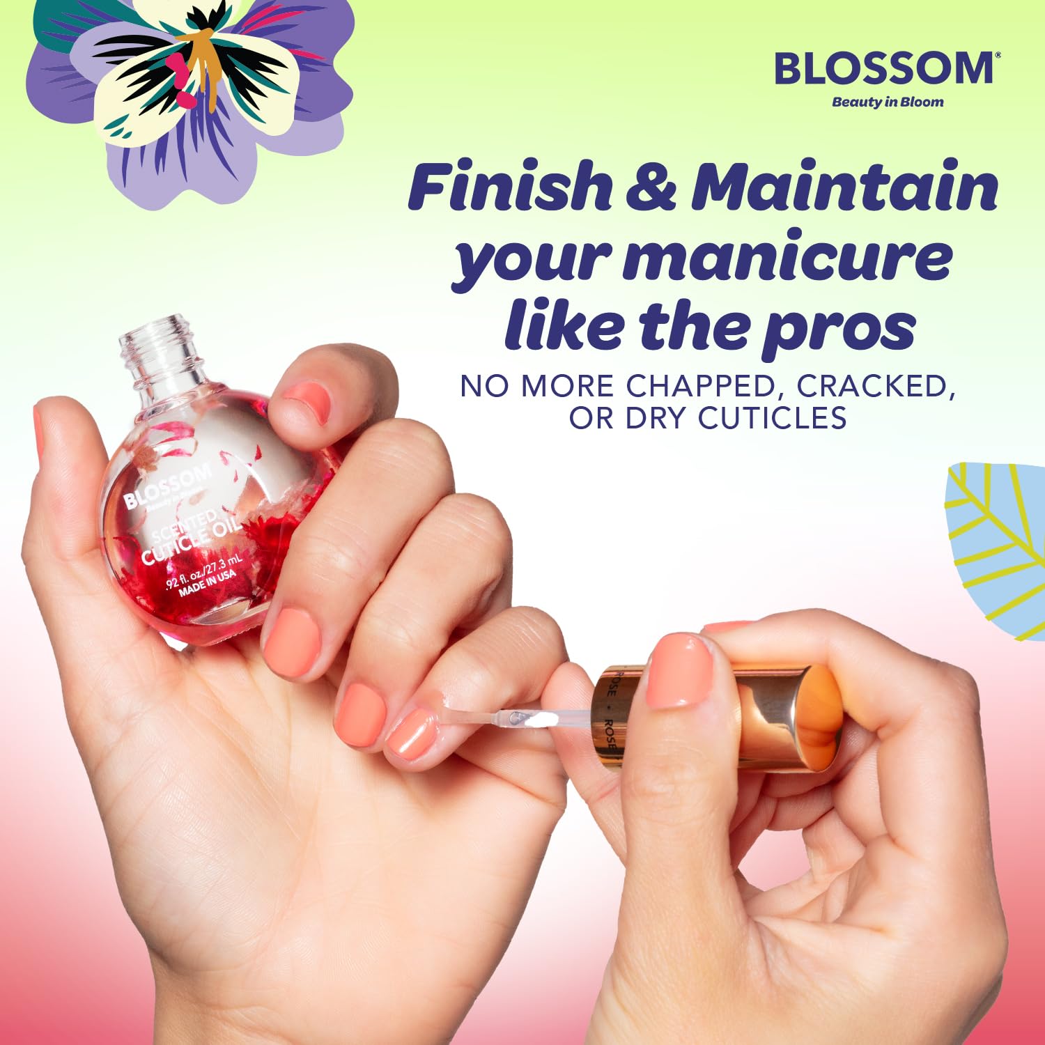 Blossom Cuticle Oil packaging displayed beside nail care products.