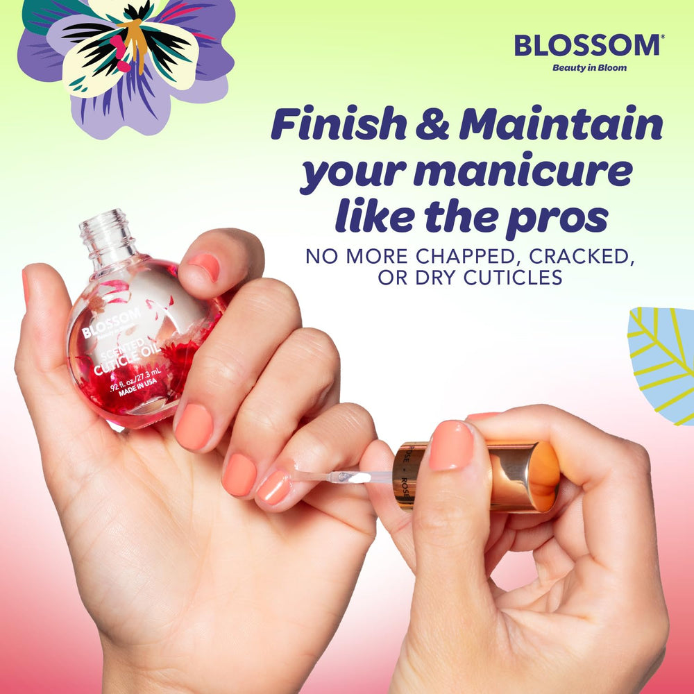 Blossom Cuticle Oil packaging displayed beside nail care products.