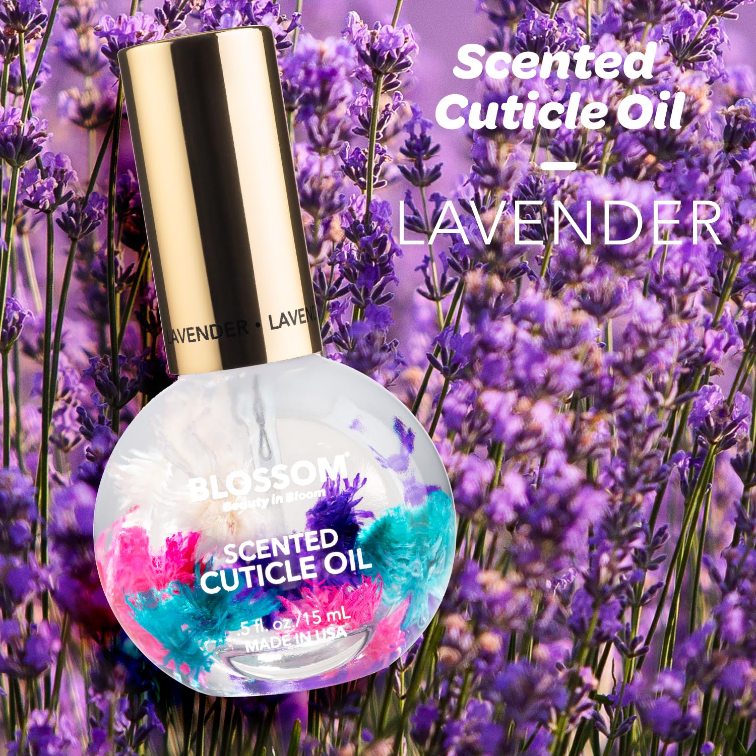 Dried flowers inside Blossom Cuticle Oil enhances sensory hydration