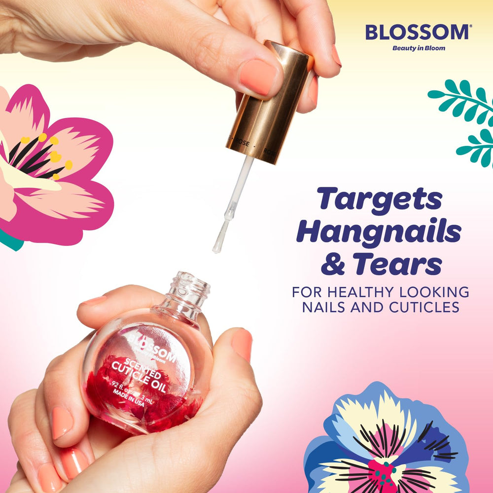 Floral scent bottle of Blossom Cuticle Oil enhances mood.