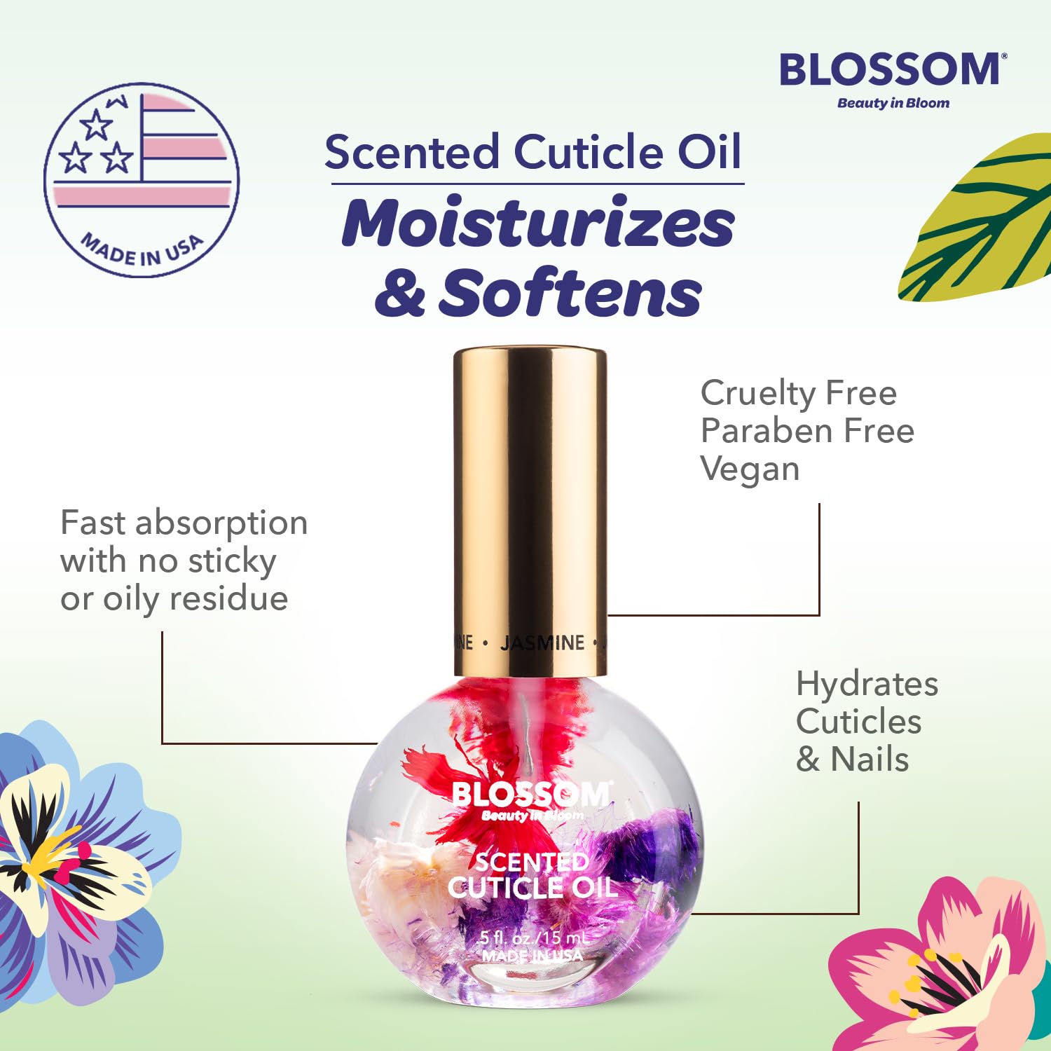 Blossom oil box and floral imagery on packaging