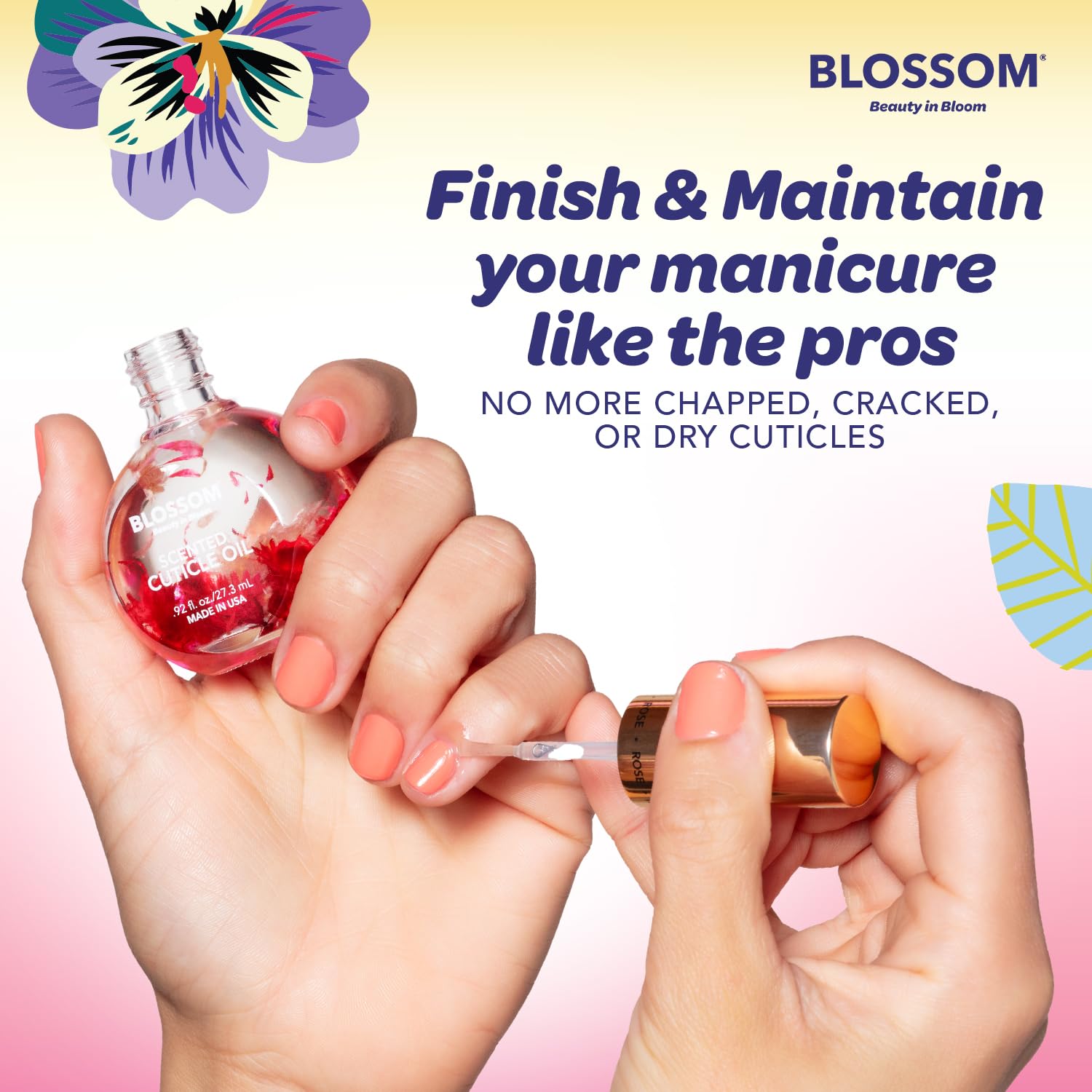 Made in USA label on Blossom Cuticle Oil bottle.
