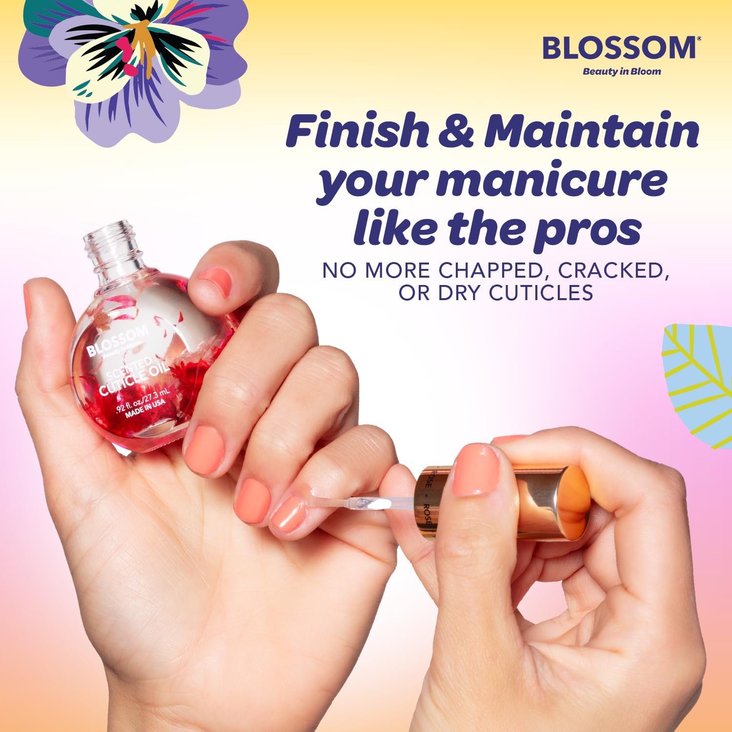 Blossom Cuticle Oil label highlights Made in USA and vegan formula