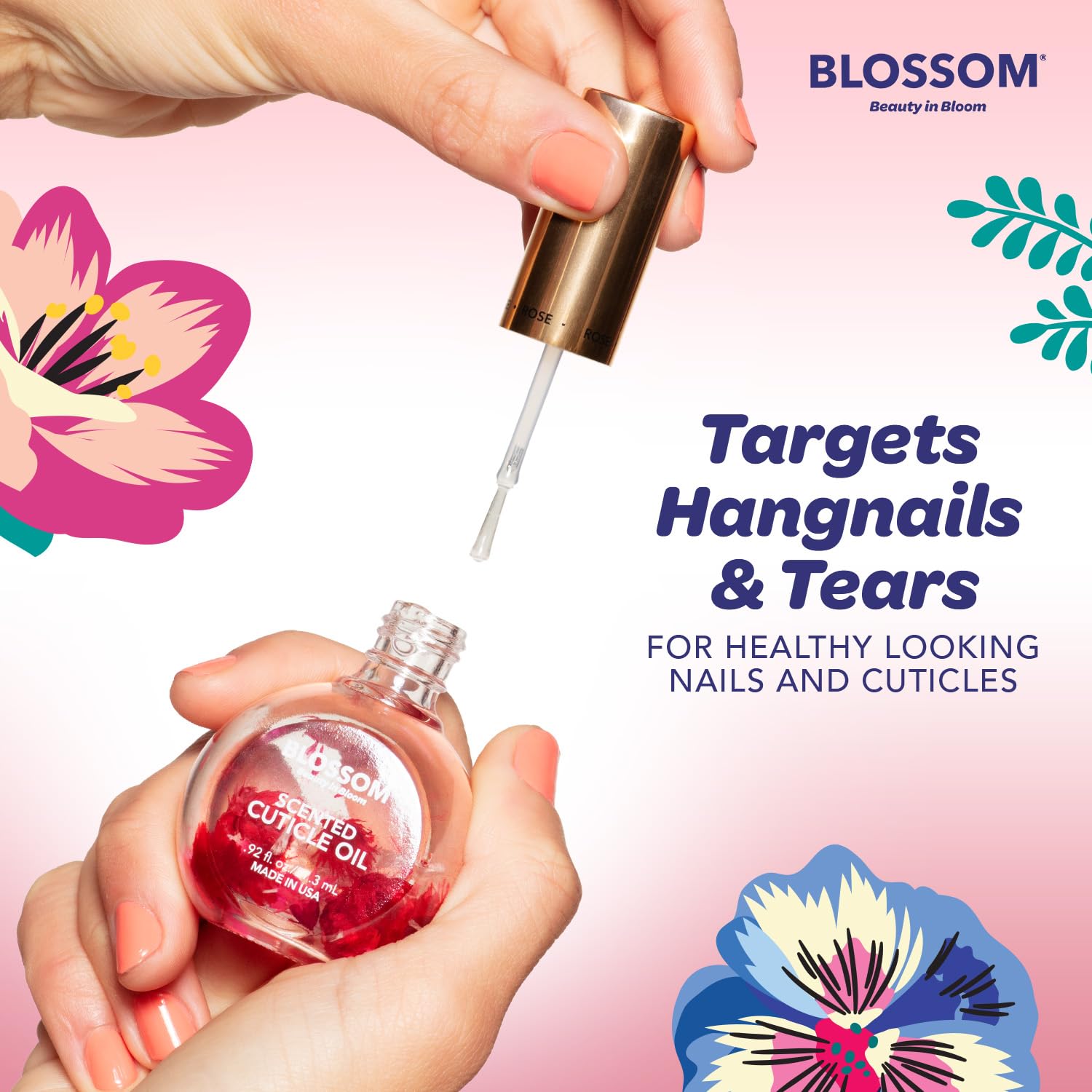Blossom Cuticle Oil nails before-and-after visuals for smoother cuticles.