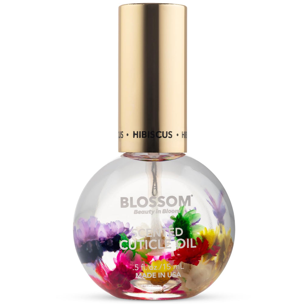 Blossom Cuticle Oil bottle with hibiscus for hydrated nails.
