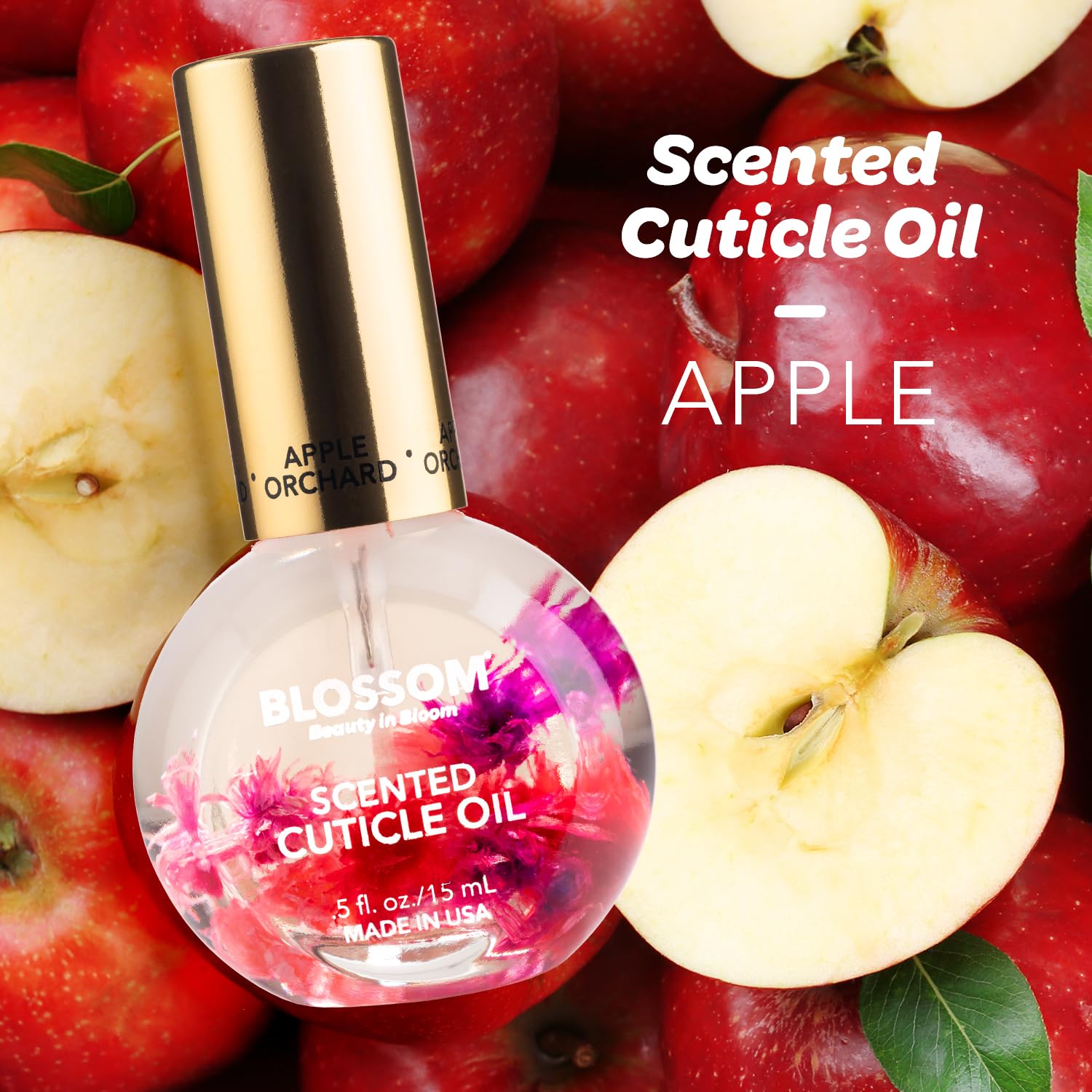 Blossom cuticle oil showing real flowers inside for natural care