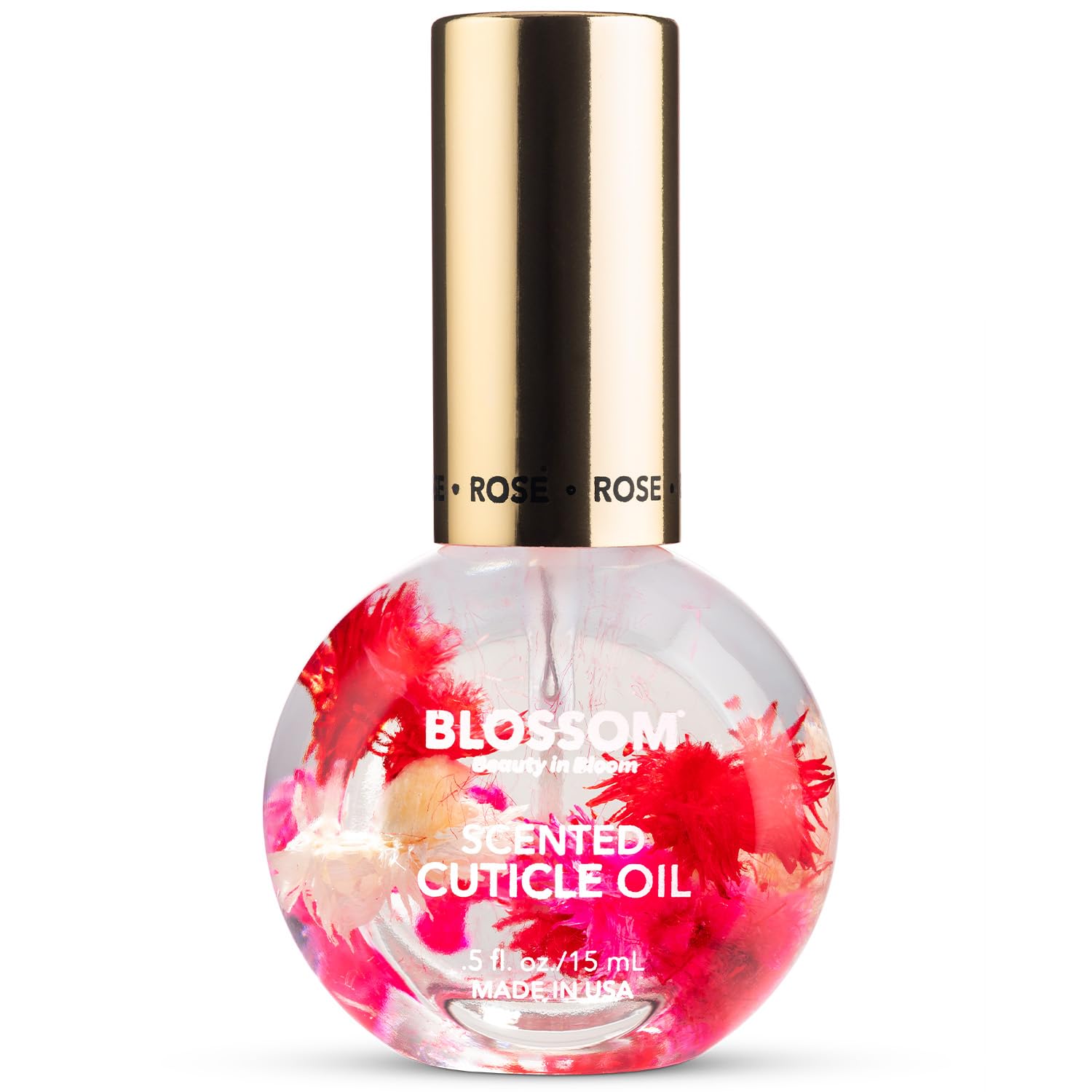 Blossom Cuticle Oil Rose bottle close-up showing hydrating formula.