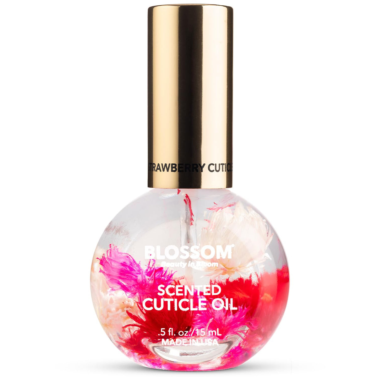 Blossom Cuticle Oil bottle with real flowers for hydrated nails.