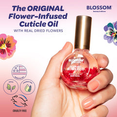 Blossom Cuticle Oil USA-made label emphasizing cruelty-free formula.