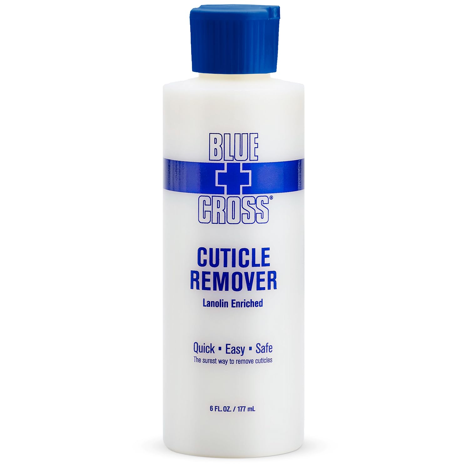 Blue Cross Cuticle Remover bottle ready for quick cuticle prep and cleanup.