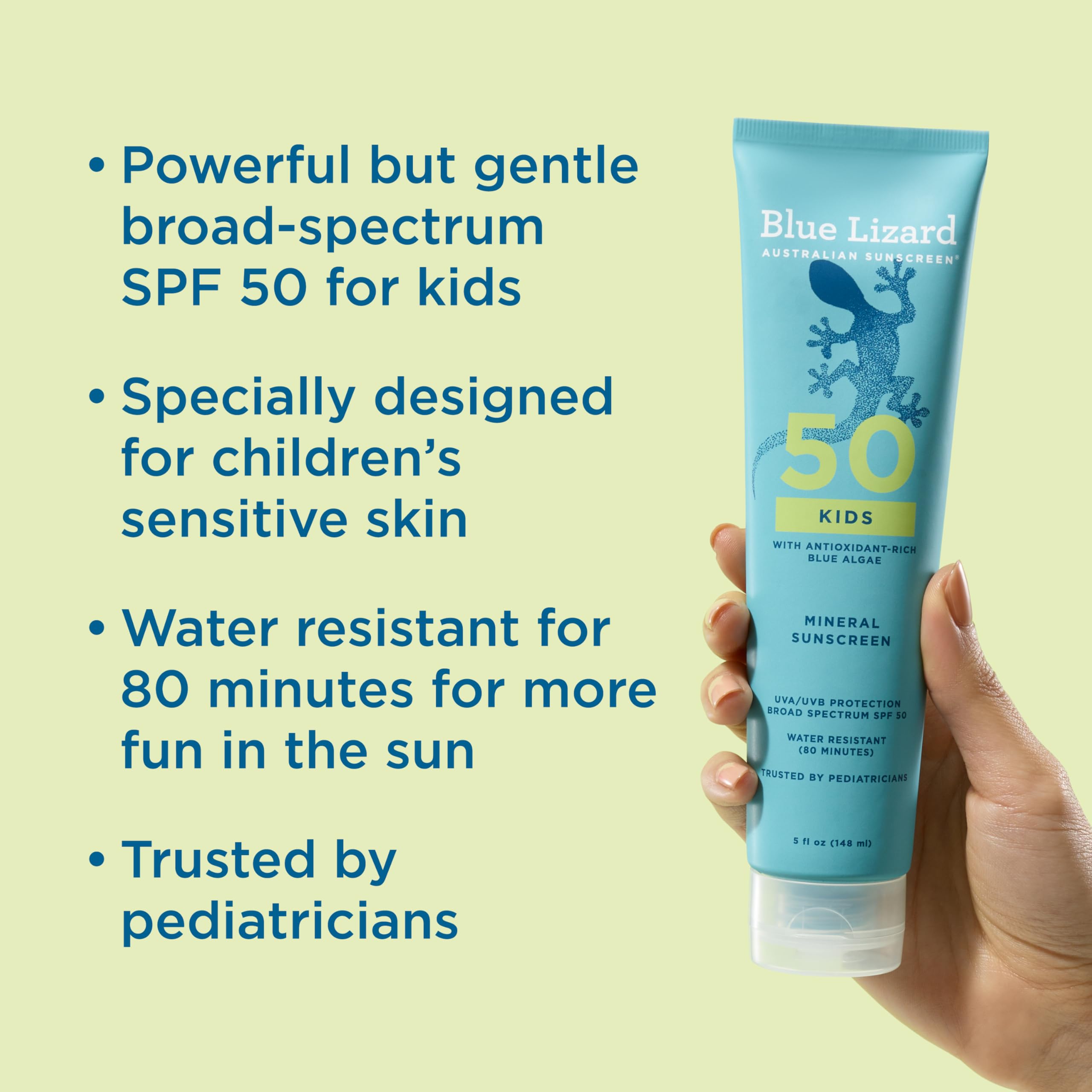 Blue Lizard Kids Mineral SPF 50, aplicación suave para capa uniforme en la piel infantil.