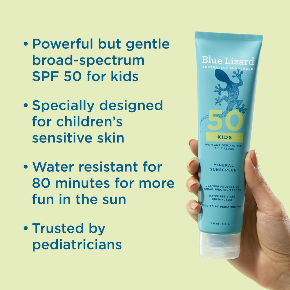 Blue Lizard Kids Mineral SPF 50, aplicación suave para capa uniforme en la piel infantil.