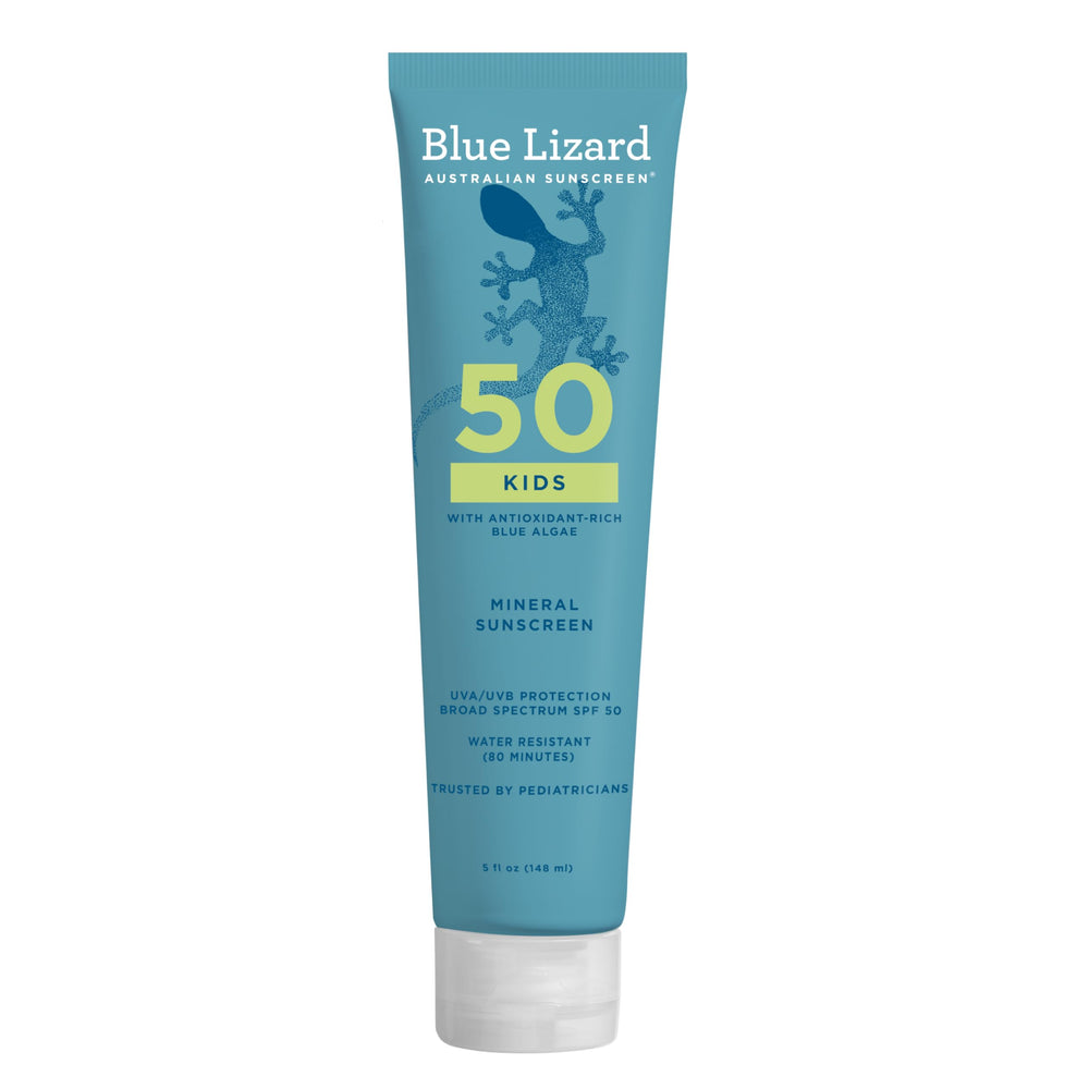 Blue Lizard Kids Mineral SPF 50, bote de crema mineral para niños, protección UV segura.